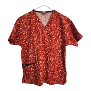 Dickies Red Bandana Style Women's  Size Small Scrub Top Medical Nurse Pockets